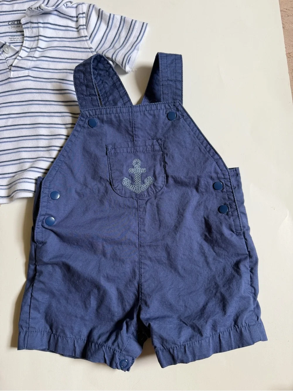 Carter's Navy Blue Short Overalls with White & Navy Striped Polo
